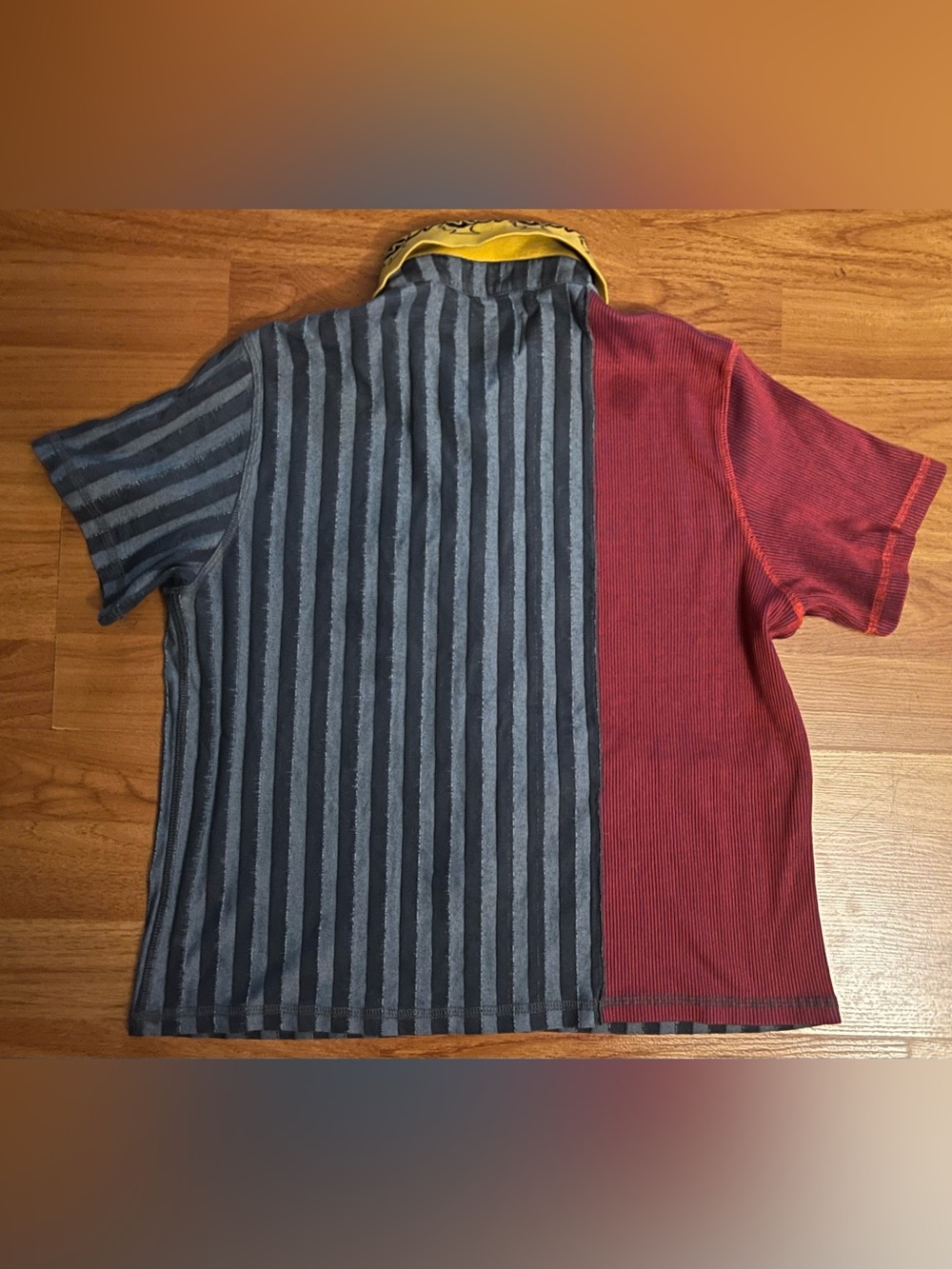 Brain Dead Two-Tone Striped Short Sleeve Polo in Red, Gray & Yellow Collar - Picture 2 of 5